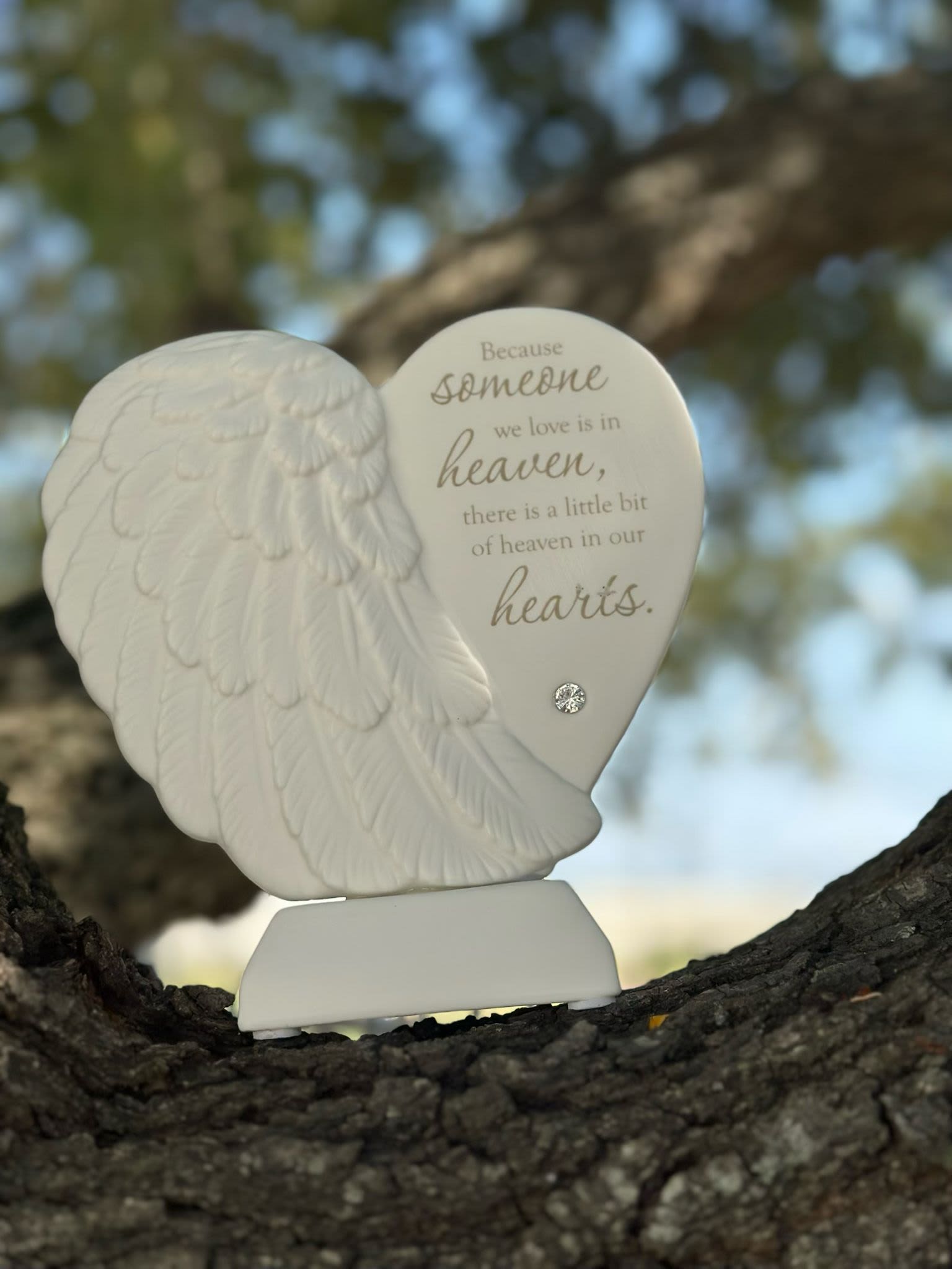 White angel wing heart memorial ornament with a sympathy quote