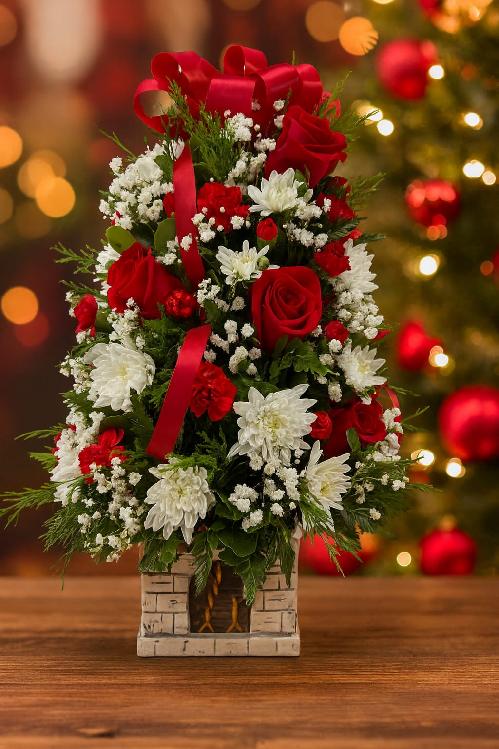 Christmas Hearth Red &amp; White Tree Arrangement - Bring the warmth of the holidays into any home with our Christmas Hearth Red &amp; White Tree Arrangement. Designed in a charming ceramic fireplace container, this festive tree-shaped arrangement features premium red roses, mini carnations, white mums, baby’s breath, holiday greenery, and glossy red ornaments. Finished with a large holiday bow, it’s the perfect centerpiece for Christmas gatherings, gift-giving, or decorating a cozy fireplace mantle.  Hand-designed by Floral Concepts in Houston, this arrangement captures the classic Christmas look customers love. We source the best flowers from top farms and offer free same-day delivery across Houston and surrounding areas.  Perfect for: Christmas gifts, office décor, holiday parties, church services, and family celebrations.