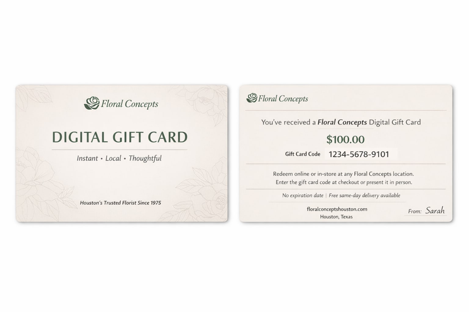 Two Floral Concepts digital gift cards on a light background