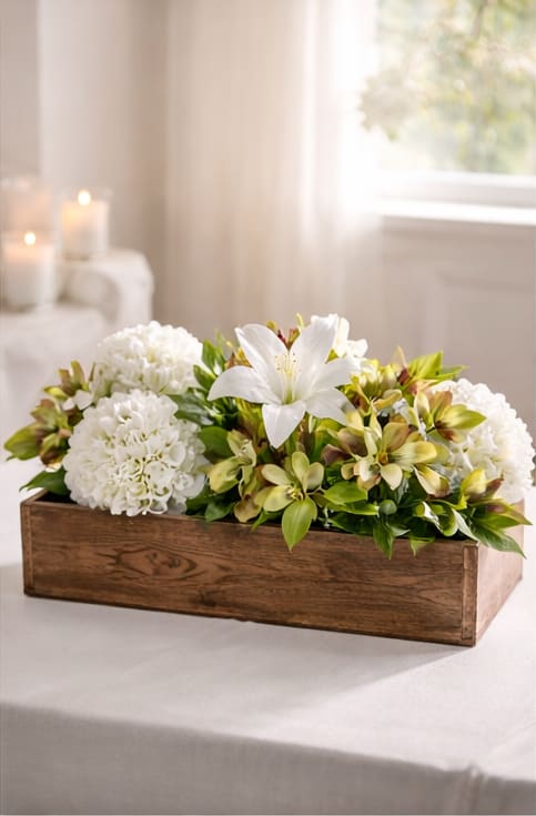 PEACEFUL GARDEN MEMORIAL BOX (Silk)  - The Peaceful Garden Memorial Box is a modern sympathy arrangement featuring hydrangeas, lilies, and cymbidium orchids arranged in a rustic wooden container. This elegant tribute provides comfort and remembrance for funeral services and memorial ceremonies in Houston.