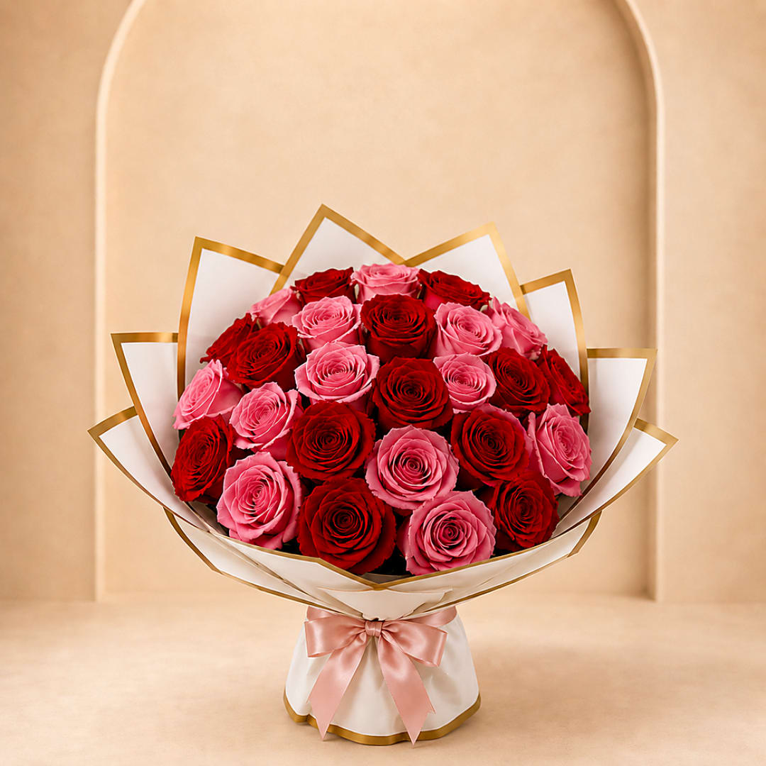 Bouquet of red and pink roses wrapped in white paper with a pink ribbon