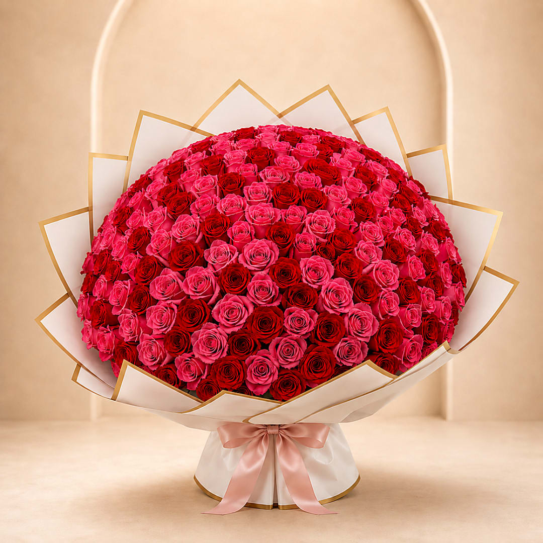 Large bouquet of pink and red roses wrapped in white paper with a pink ribbon