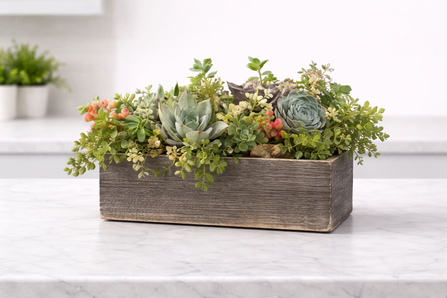 English Garden by BloomNation™ - When spending the summer in an english country estate with Jane Austen or the royal family isn't an option, English Garden by BloomNation™ is the next best thing. This long lasting centerpiece style arrangement features a variety of greenery, natural flowers, succulents and berries.  APPROXIMATE DIMENSIONS 12" W X 7" H