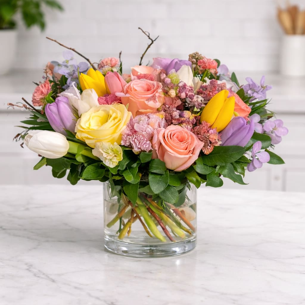 Sweetest Surprise - This vibrant vaseful is cheerful yet delicate. Roses, tulips and seasonal blooms in a glass vase. A great gift for any happy occasion.     Florist reserves the right to make modifications to the design based on seasonality and accessibility of blooms and vases. Any modifications made will honor the palette, intent, and feeling of the pictured design.