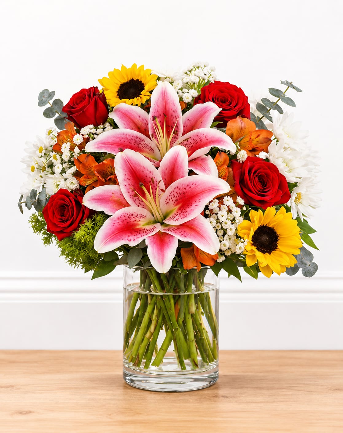 Radiant Sunshine - Two bold pink lilies take center stage in this radiant sunshine flower arrangement, their open blooms pairing beautifully with romantic red roses and sunny yellow sunflowers to create a joyful bouquet for birthdays, thank-you gifts, or brightening someone's day. White daisy-like blooms and small orange accents add playful texture and lift the color story into a fresh, celebratory palette that still carries a gentle romantic edge for anniversaries or thinking-of-you moments.  Arranged in a clear glass vase that reveals the stems below the waterline, this full, rounded composition feels abundant and carefree - like a pocket of summer on a table. The mix of lilies, roses, sunflowers, daisies and filler flowers gives a variety of shapes and scents that will make the recipient feel truly celebrated; suitable for spring and summer gifting or any time you want to send cheerful warmth. Standard vase size holds a generous, gift-ready arrangement; replace water and trim stems every few days to keep blooms looking their best.