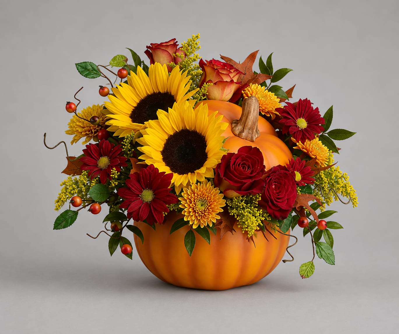 Autumn floral arrangement in a pumpkin container with sunflowers, roses, and mums