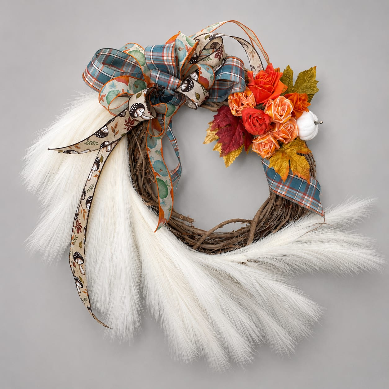 Decorative wreath with ribbon bows, faux flowers, and white fur trim