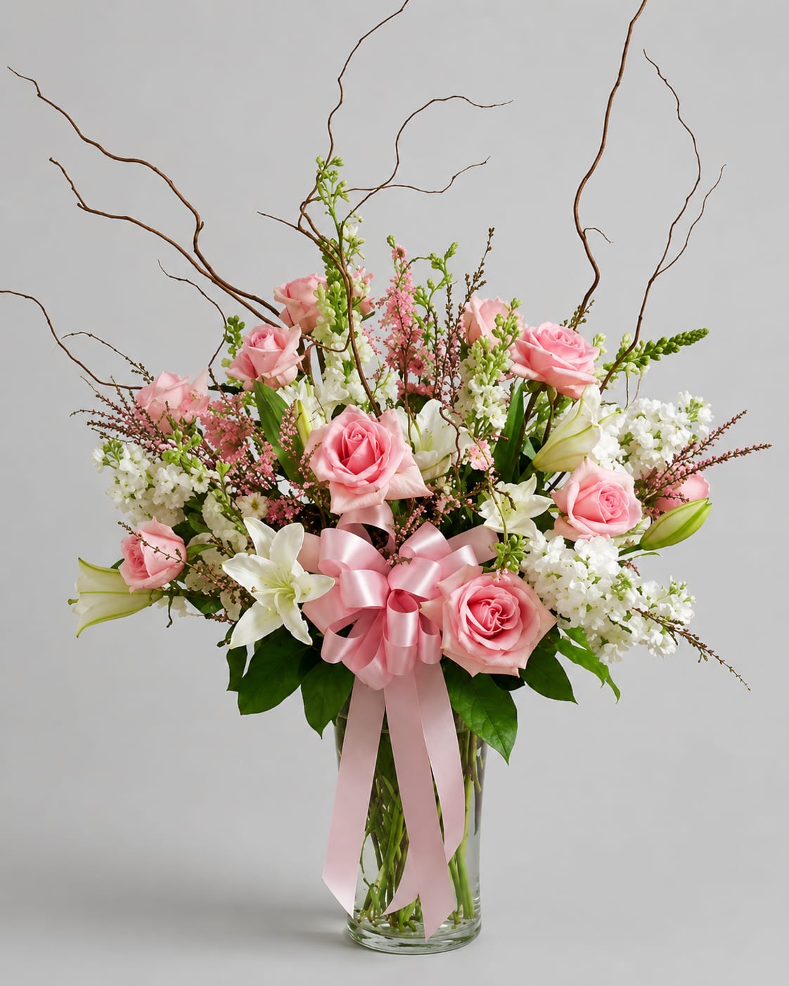 Pink roses and white lilies in a glass vase with a pink ribbon