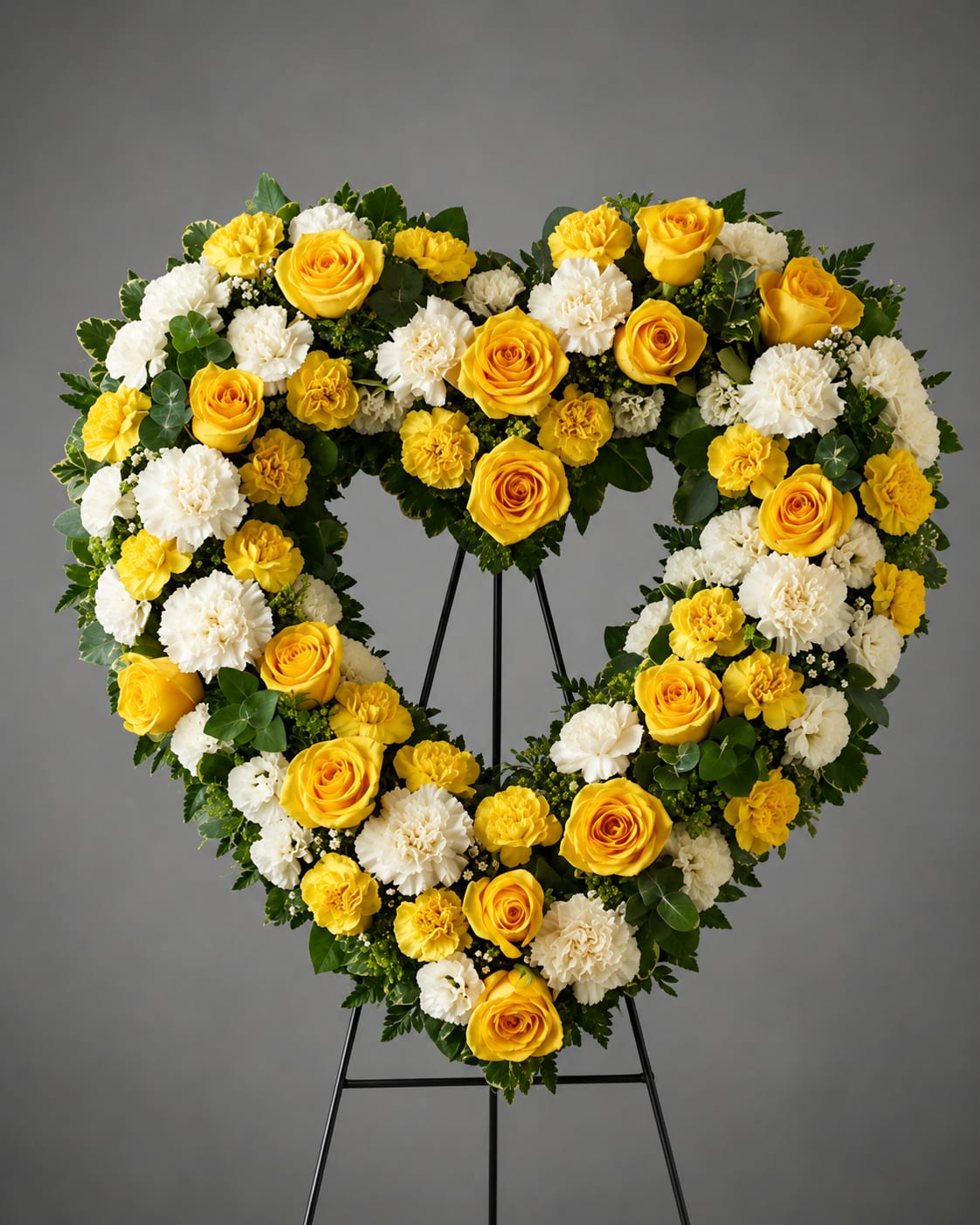 Heart-shaped floral wreath with yellow roses and white carnations on a stand