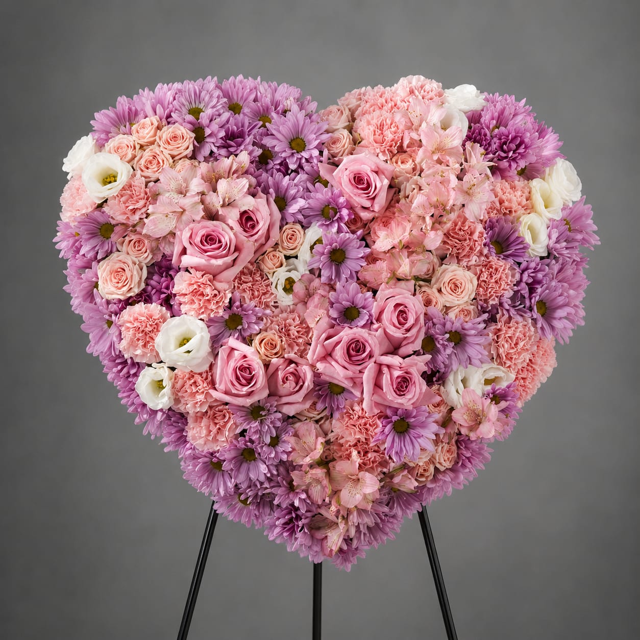 Heart-shaped floral arrangement with pink, purple, and white blooms