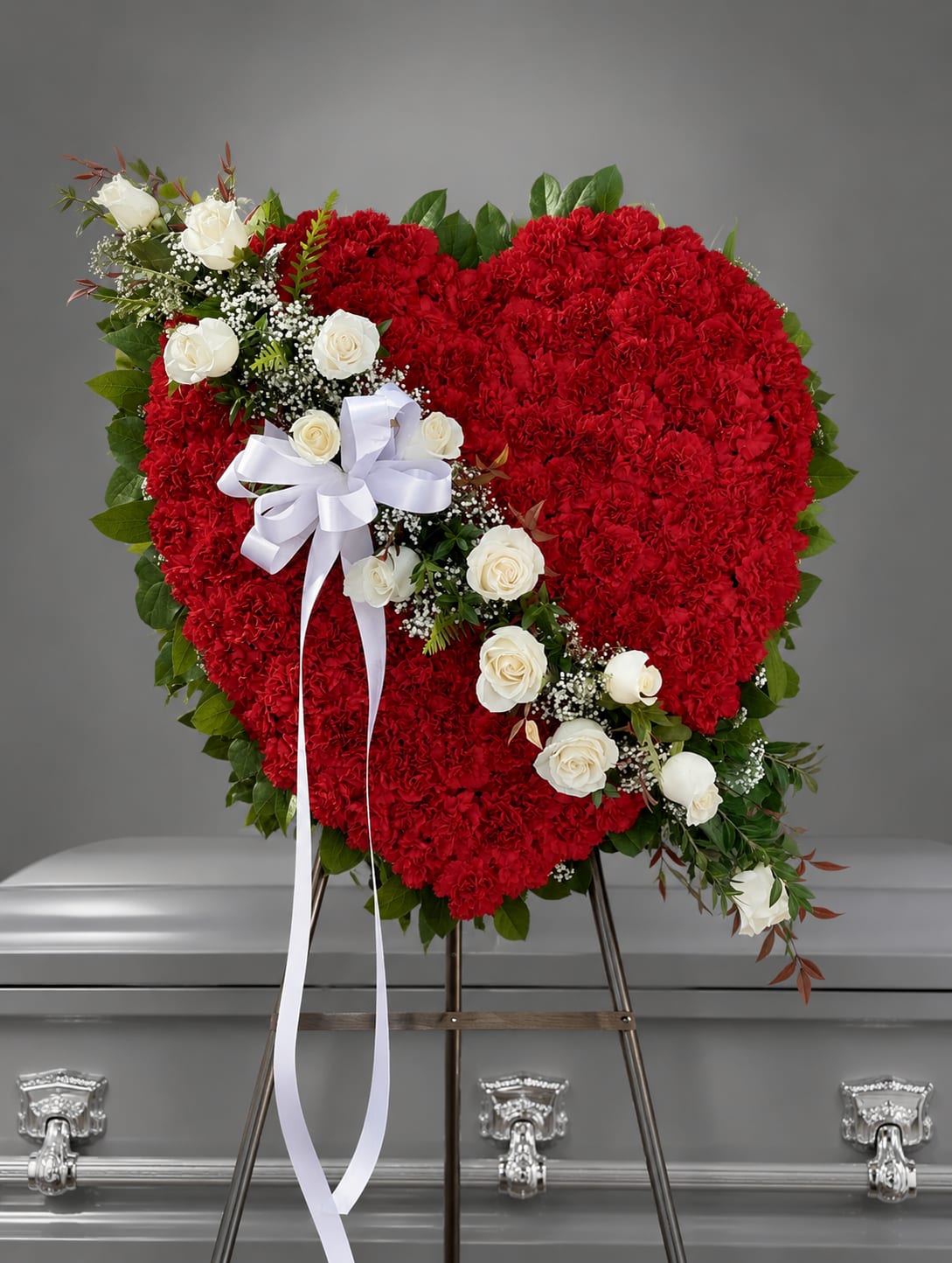 Heart-shaped red floral spray with white roses on an easel
