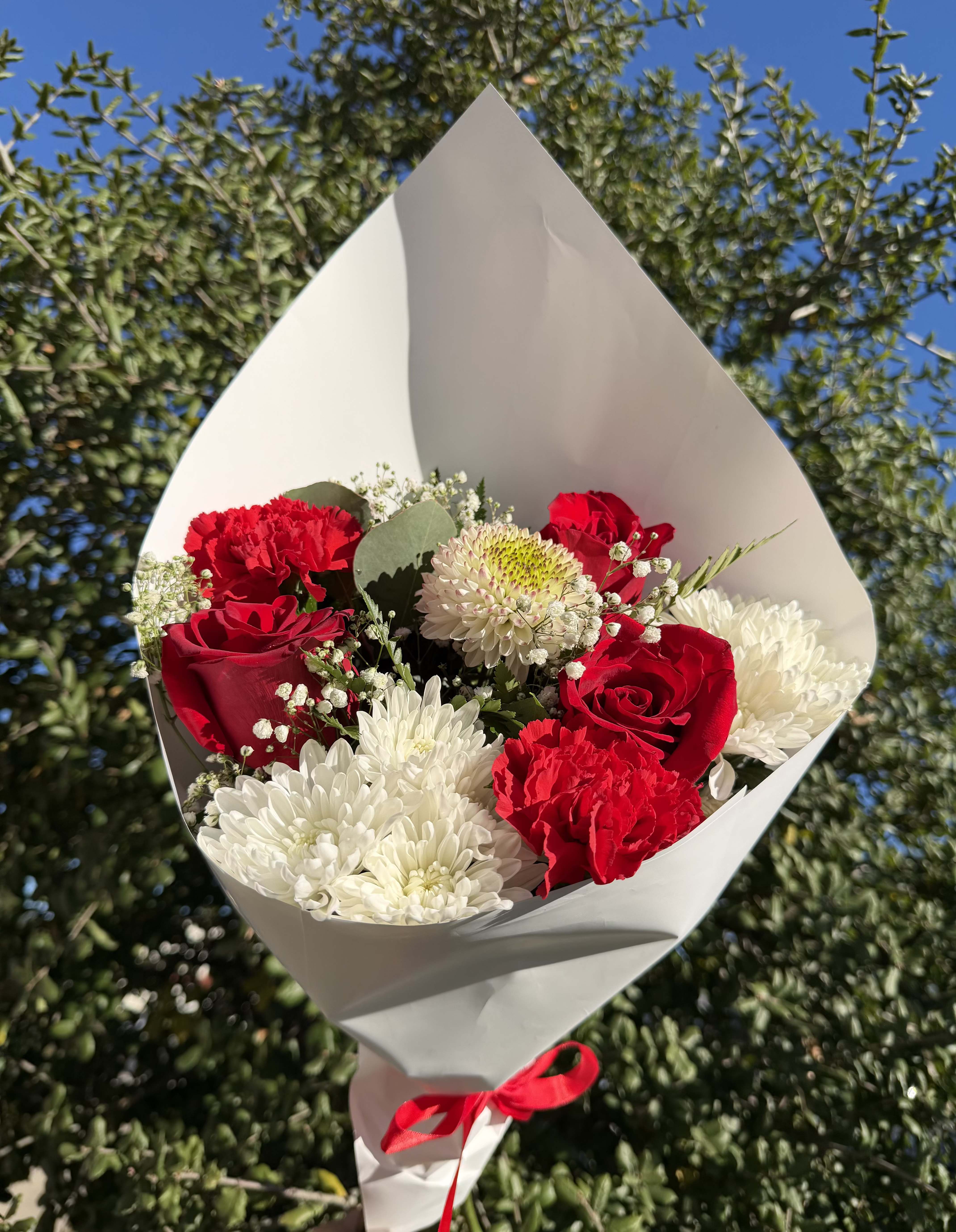 Bouquet of red roses, red carnations, and white chrysanthemums wrapped in white paper