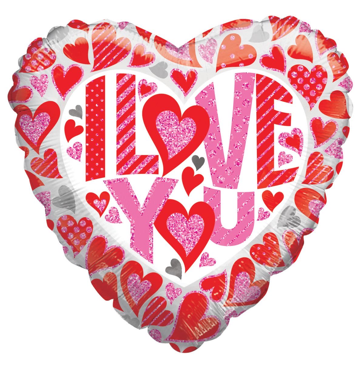 Heart-shaped balloon with "I LOVE YOU" and red-pink heart patterns