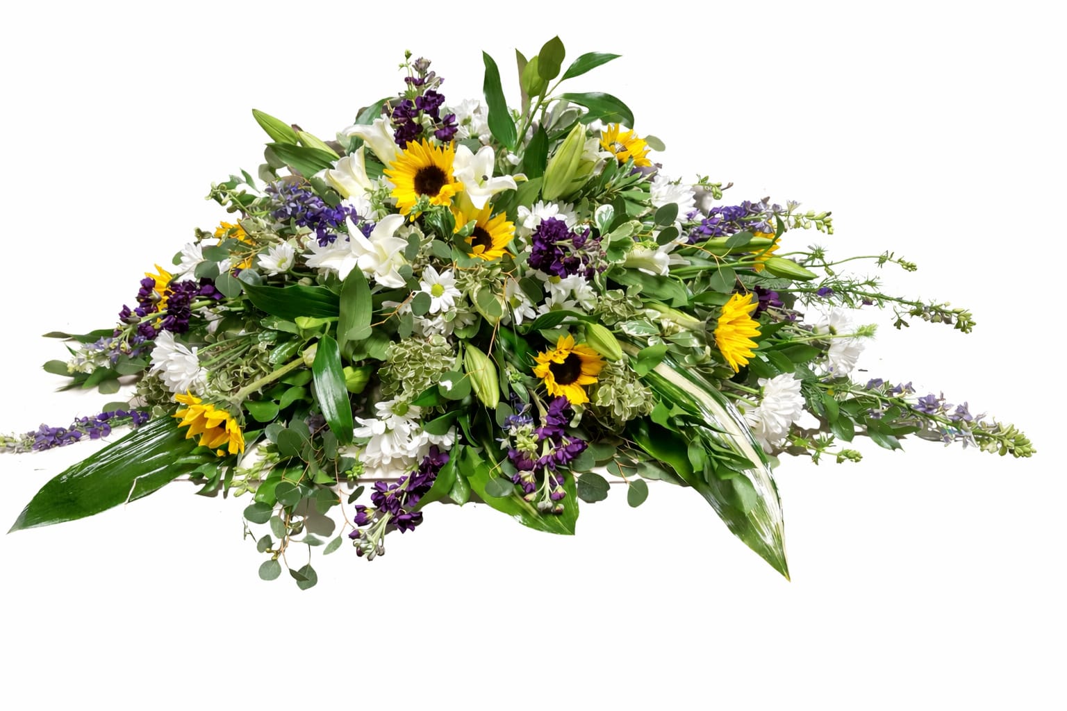 Large mixed floral spray with sunflowers, white lilies, and purple blooms