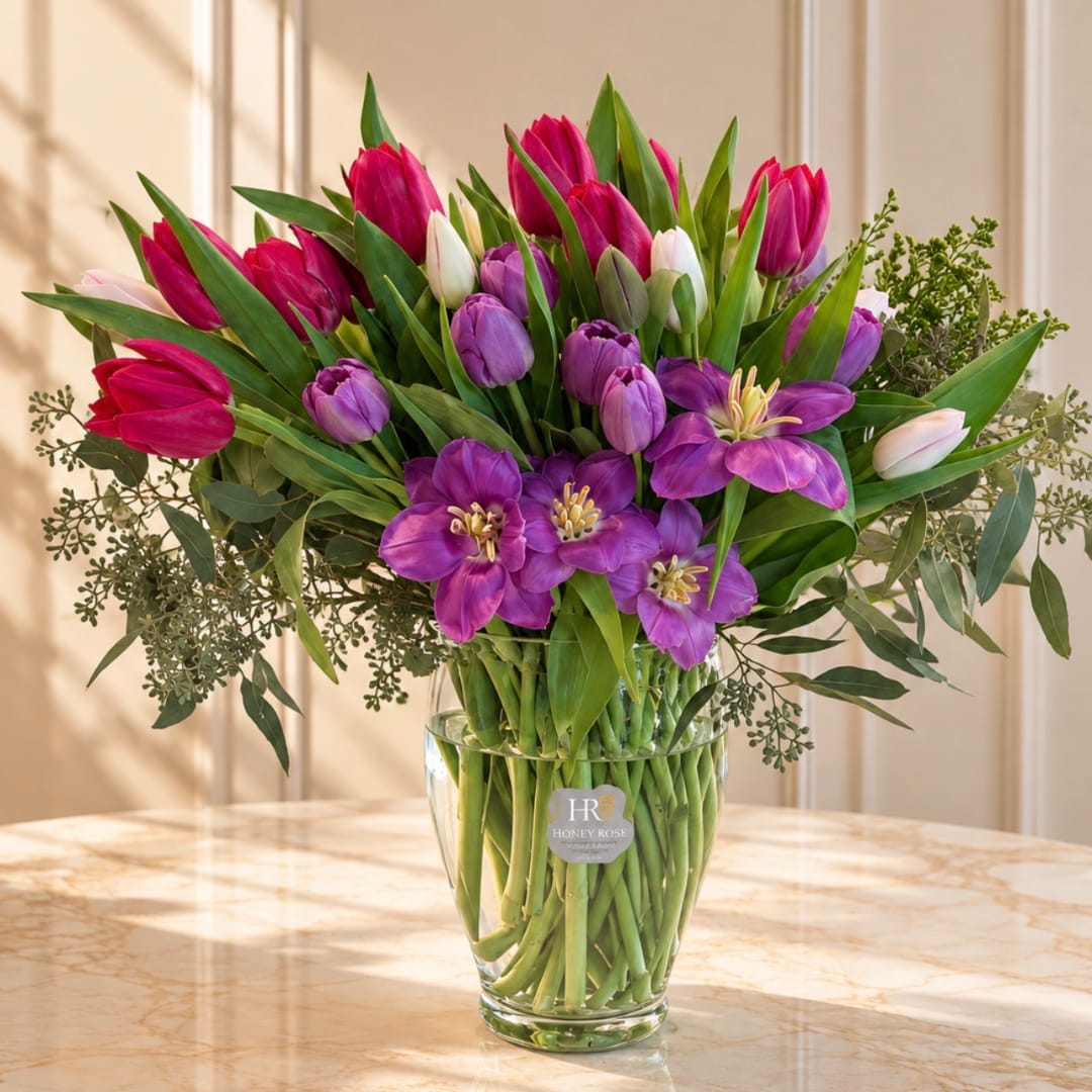 Bouquet of pink and purple tulips in a clear glass vase