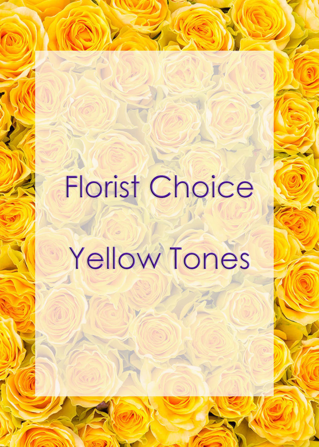 Yellow roses with a translucent label reading Florist Choice Yellow Tones