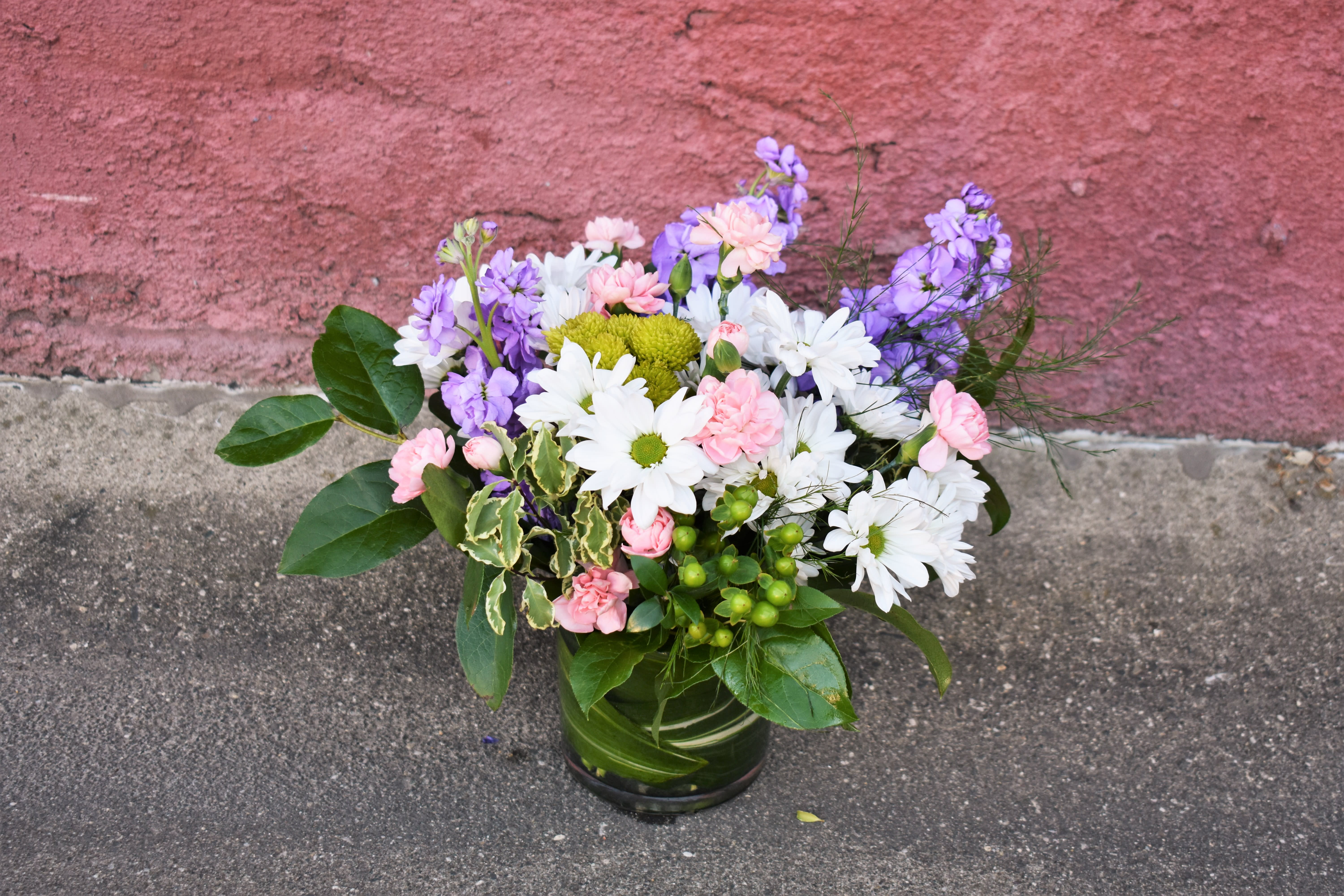 Blushing Fields  - This spring bouquet is the perfect gift to freshen up any home or office. This arrangement contains Roses, Stock, Carnation and other seasonal blooms. This is a great gift for a Birthday, Mother's Day, Thank You, or Just Because. APPROXIMATE DIMENSIONS: 14.5 H" X 11" W