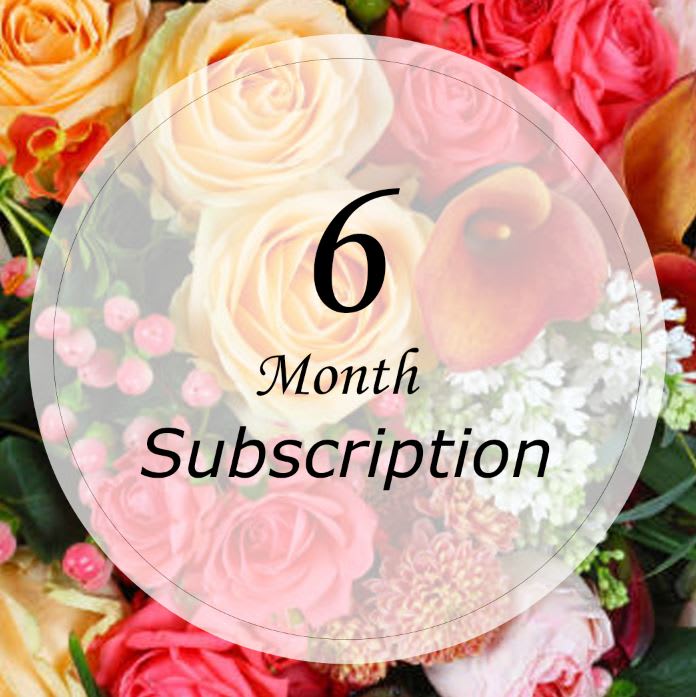 Mixed roses and calla lilies with a "6 Month Subscription" overlay