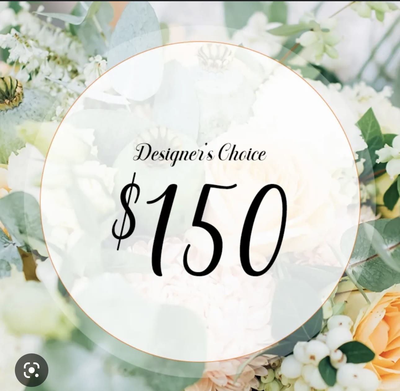 Designer’s Choice $150 text over a soft pastel floral background