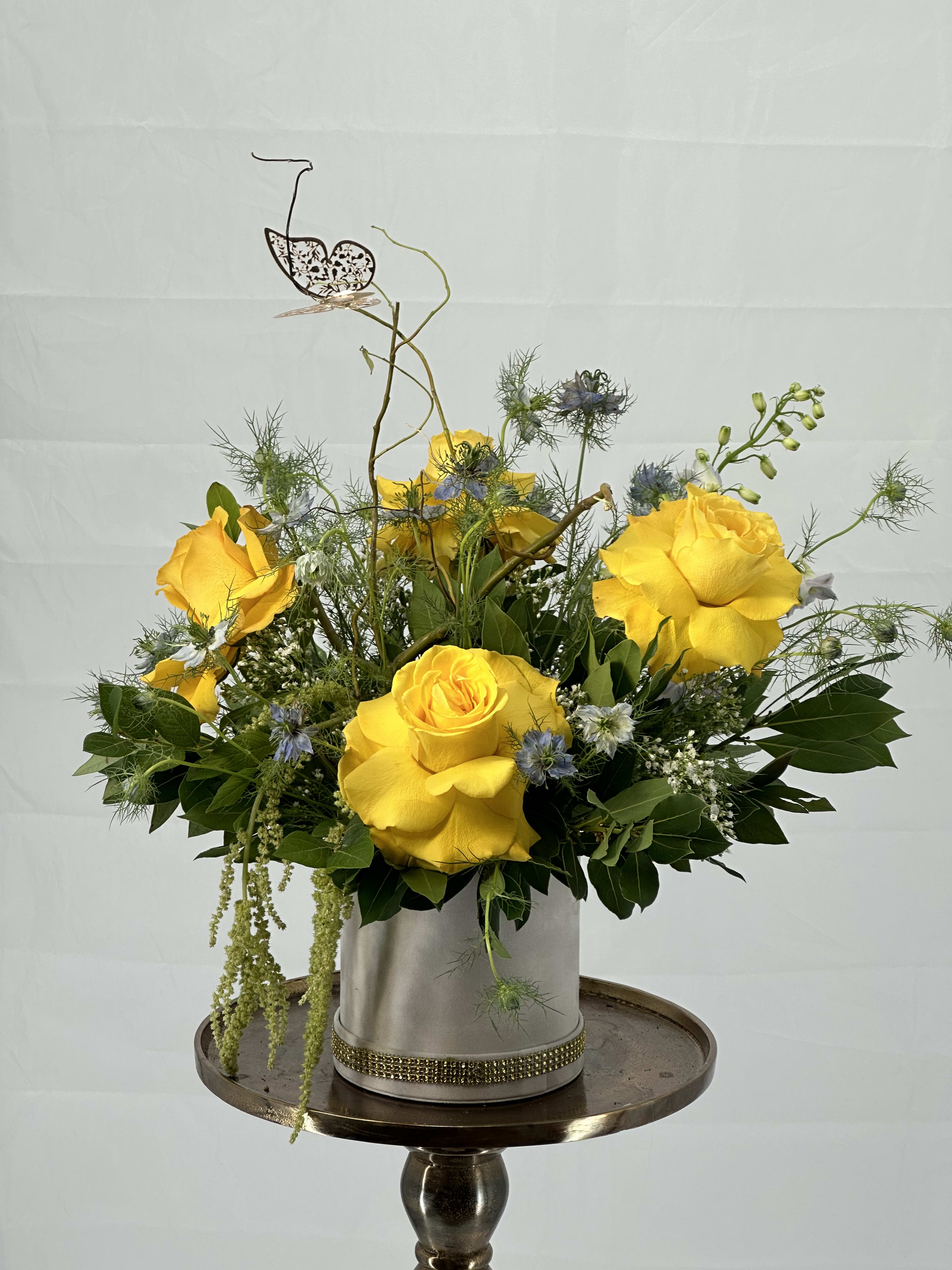 Yellow Roses Flowers Box - Beautiful yellow roses , greenery and flowers box is a great combination for someone special 