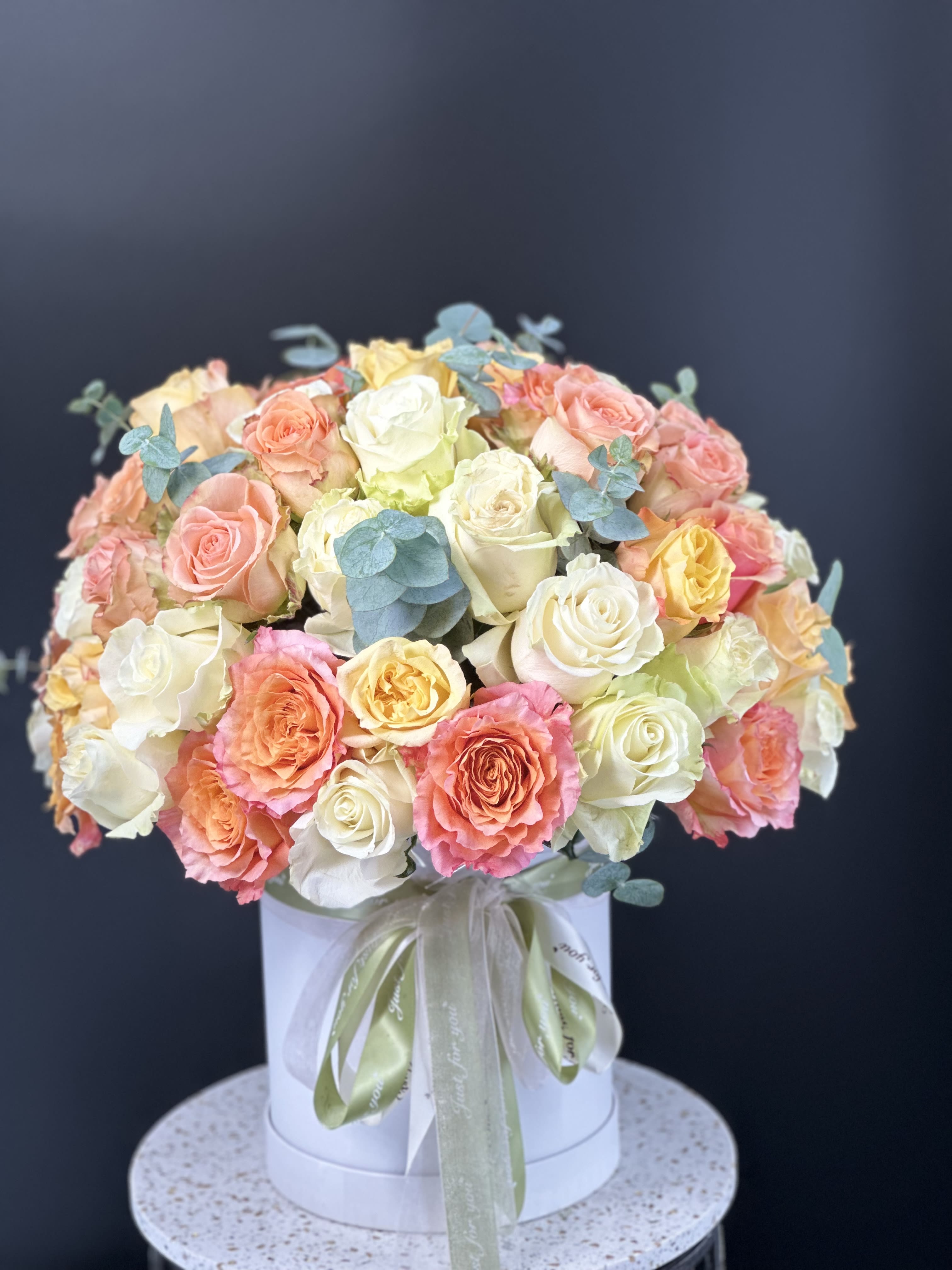  Box of Luxury Roses- just for You - Box of beauty and  luxurious roses, unusually   arrangement in a flowers box composed is  amazing  idea . Today , roses are pretty much a universal symbol of love , with the meaning being shared across various culture . Red color is true love , friendship - yellow , and passion- orange .   Please tell us what color you prefer. Send unique surprise today !!!  Premium is a 100 mix  roses including garden roses  any colors is available by request .