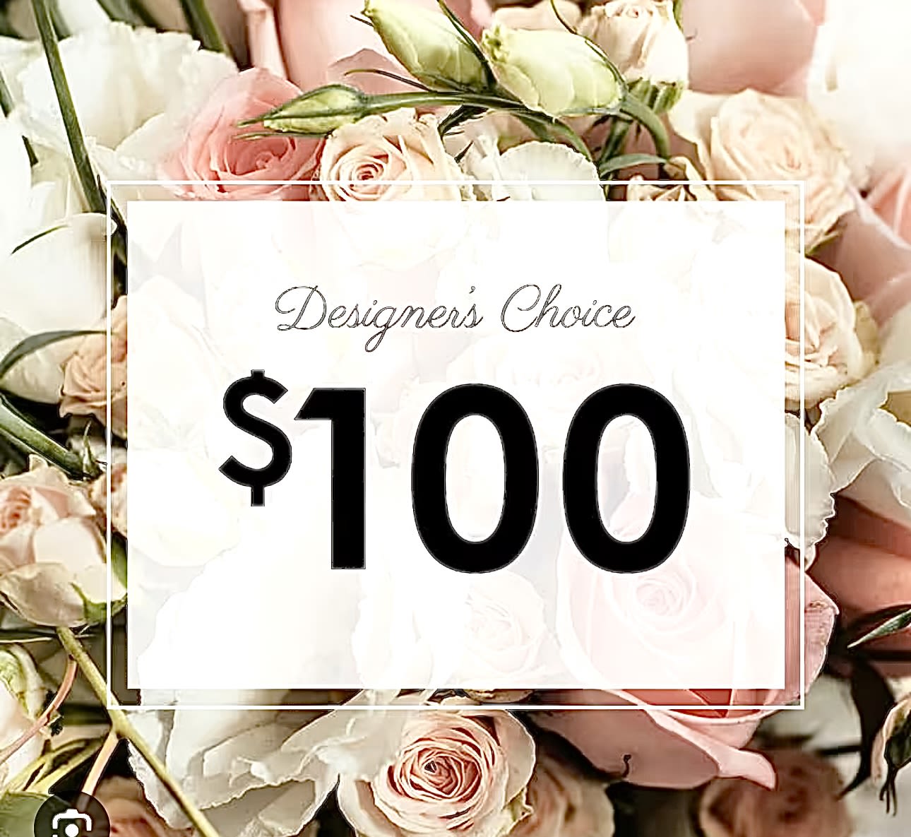 Blush and white roses with a $100 designer choice sign