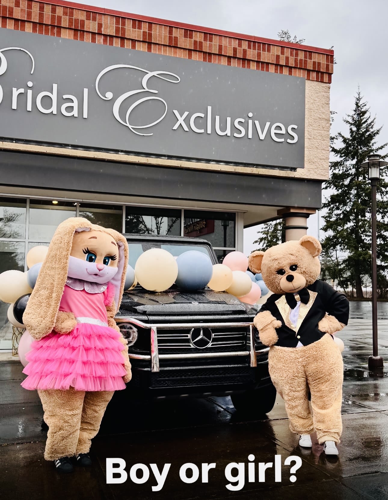Bunny and bear mascots pose by a balloon-decorated black SUV in front of a bridal shop.