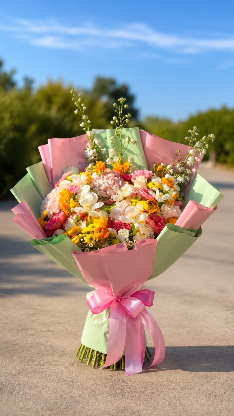 Pastel Garden Bloom Bouquet - A cheerful and elegant arrangement in pastel tones, featuring a delicate blend of fresh flowers—such as hydrangeas and roses—complemented by accents in yellow and orange. Its pink and mint-green wrapping, finished with a pink bow, creates a look that is sweet, modern, and full of life. Perfect for birthdays, thank-you gestures, special celebrations, or simply surprising someone with a gift full of color and sweetness.  Note: Flower varieties and shades may vary based on availability.