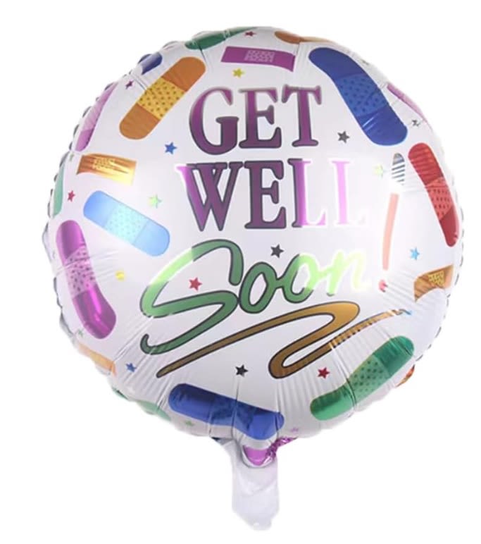Round foil balloon with colorful bandage graphics and "GET WELL SOON" text