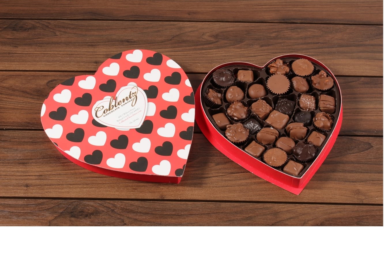 Sweetheart Chocolate Collection - 28 piece assorted chocolates in a decorative heart shaped box, 1 Pound