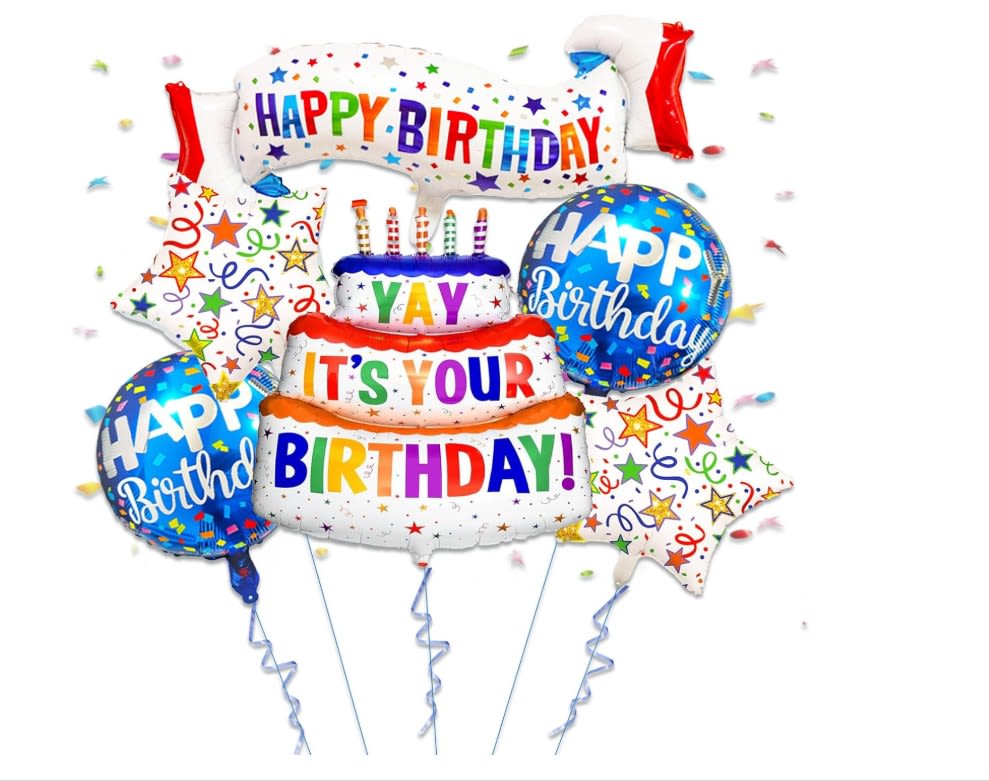 6 PCS Happy Birthday Mylar Balloons Happy Birthday Foil Banner Balloons Star and Circle Balloon for Birthday Party Decoration Supplies - “HAPPY BIRTHDAY,” surrounded by multicolored stars and confetti patterns. On both sides, there are round blue balloons with “Happy Birthday” written in white script, adding balance and contrast to the display. Flanking the arrangement are star-shaped balloons decorated with colorful swirls, stars, and streamers, enhancing the celebratory theme.  The entire bouquet is filled with bright colors, confetti accents, and a joyful party vibe, making it perfect for birthdays of all ages.