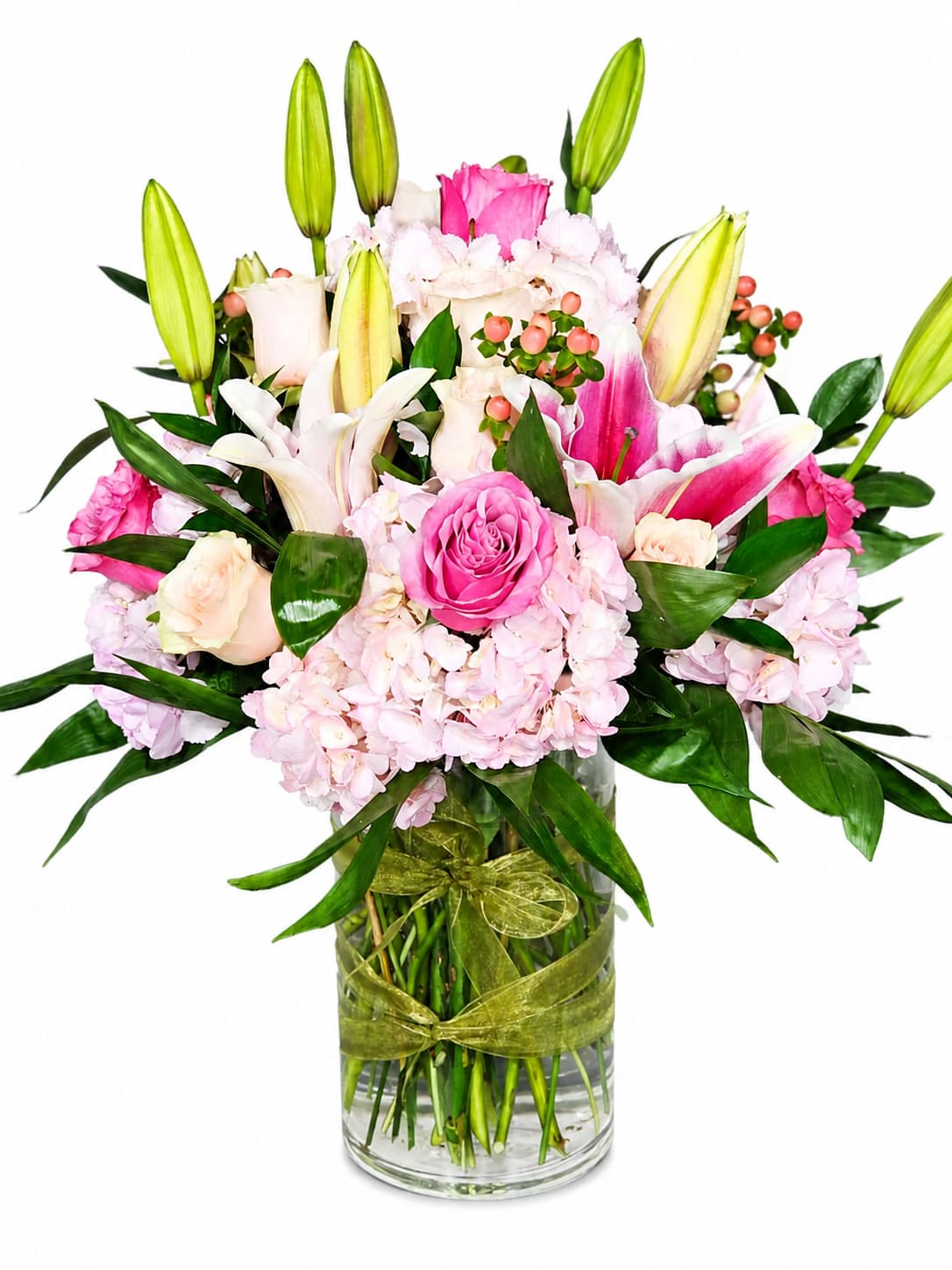 Pretty in Pink Garden - A beautiful blend of pink roses, lilies, and hydrangeas arranged in a clear glass vase. This elegant pink floral arrangement is perfect for birthdays, anniversaries, or any special occasion. Handcrafted with fresh, premium blooms for a soft, romantic look.