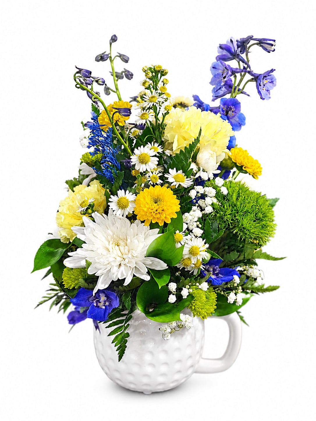 Hole-In-One for Dad - Celebrate Dad with a gift that's sure to be a hole-in-one! This cheerful arrangement features a vibrant mix of fresh blooms in shades of blue, yellow, green, and white, artistically designed in a keepsake golf ball-inspired mug. Full of texture, color, and seasonal beauty, it's the perfect way to show appreciation for the father figure in your life.  Whether he's an avid golfer or simply enjoys unique gifts, this arrangement brings a fresh and thoughtful touch to Father's Day. After the flowers have been enjoyed, the reusable mug serves as a lasting reminder of your love and appreciation.   A winning Father's Day gift that combines timeless floral beauty with a fun golf-inspired keepsake.
