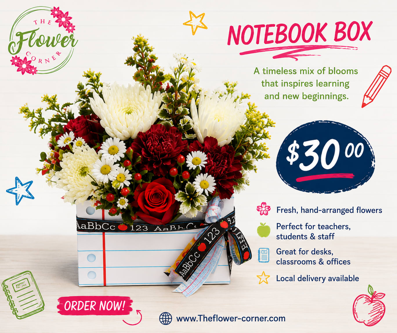 Notebook-shaped box with a mixed flower arrangement in red, white, and yellow