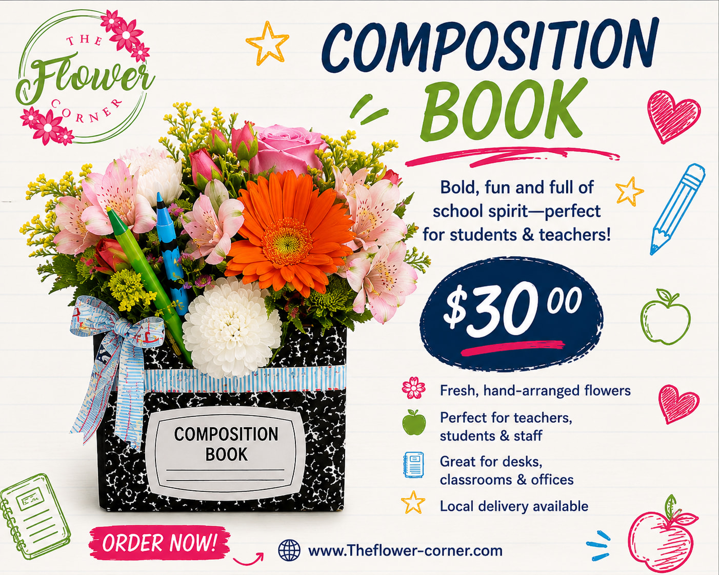 Flower arrangement in a composition book-shaped container with a ribbon bow