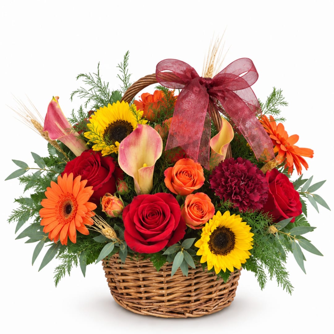 Basket arrangement with red roses, orange gerberas, sunflowers, and calla lilies