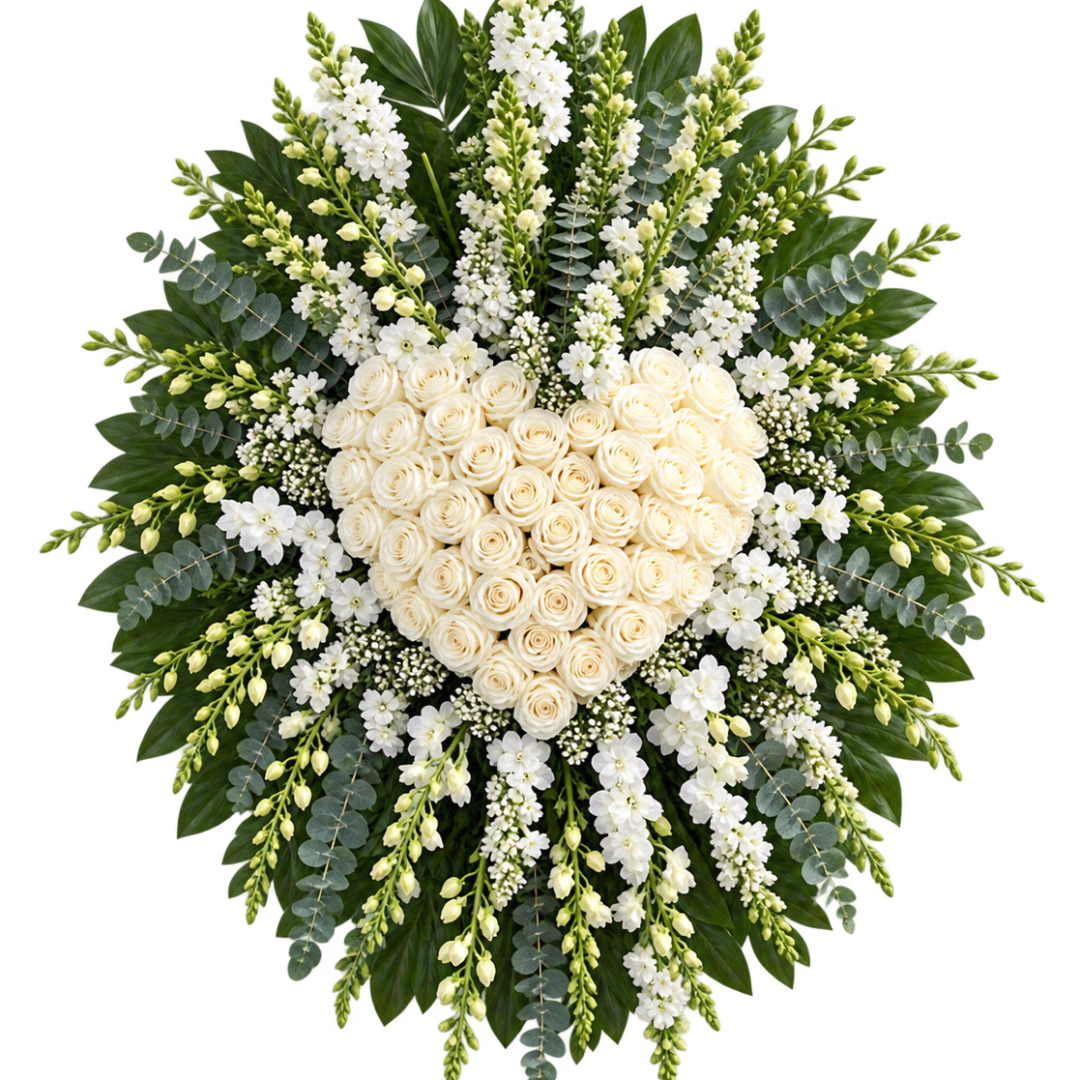 Heart-shaped white rose funeral spray with white flowers and greenery