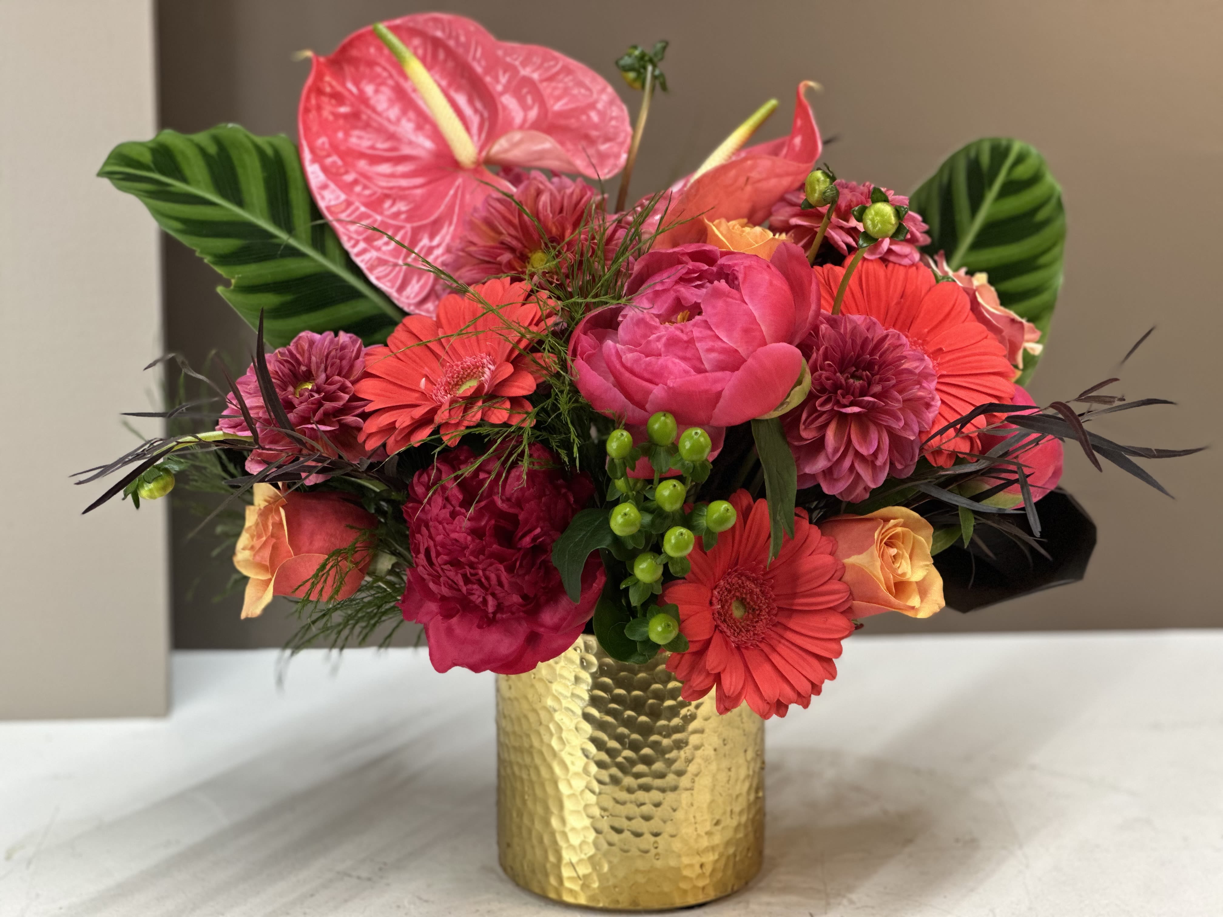 Coral Carousal - A raucous blend of Coral-Pink Anthurium, lush Fuchsia Peonies, Dahlias, and cheerful Gerbera Daisies, accented with Roses, interesting foliage, and berries. Designed in a hammered Gold vase, this joyful arrangement will be the center of attention on your table. 