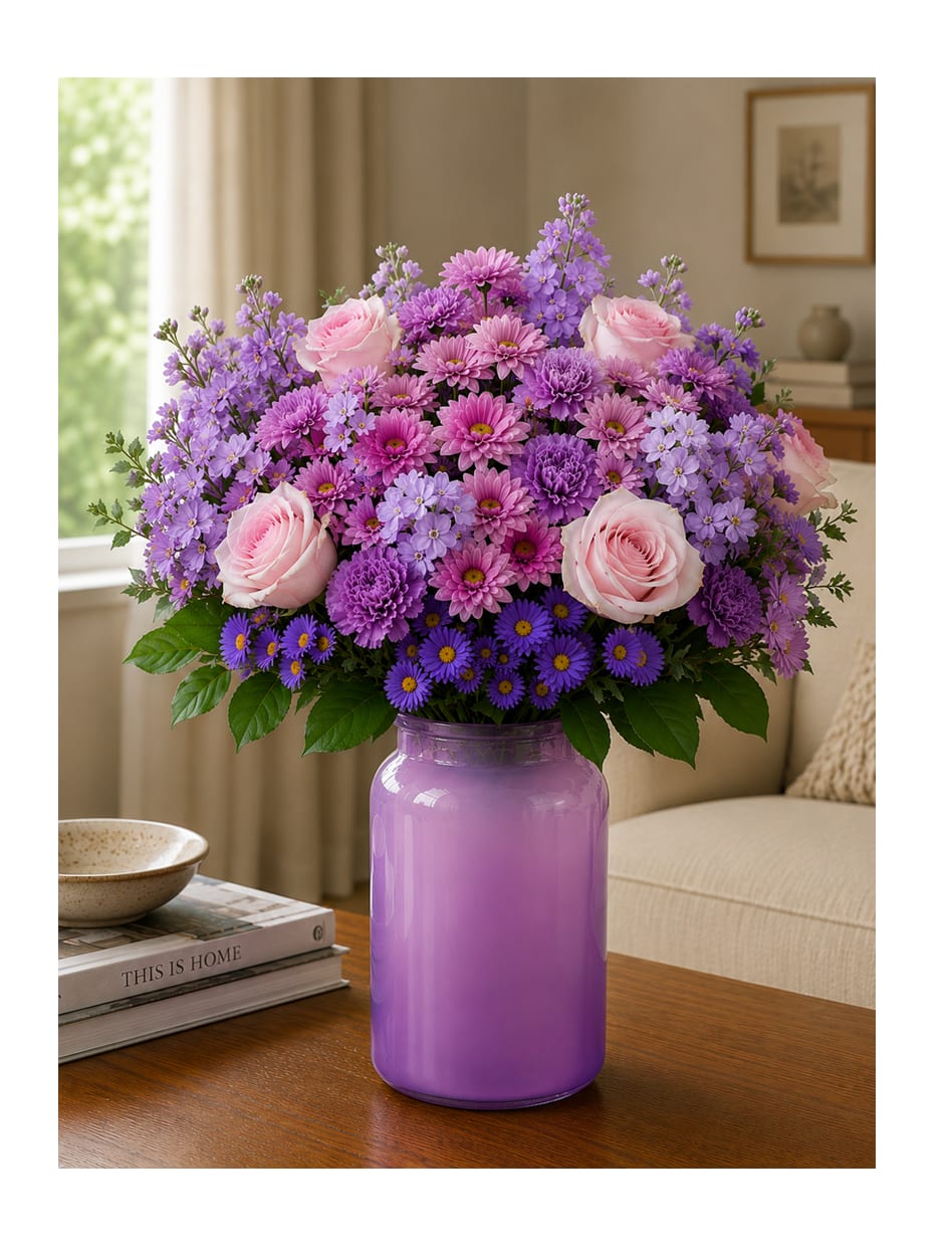 Daydream Bouquet - Soft, elegant, and effortlessly charming, this lovely arrangement features delicate pink roses paired with cheerful lavender daisies, fragrant stock, and vibrant asters—all beautifully gathered in a faceted lavender keepsake vase. Designed to bring warmth and grace to any space, it’s a perfect gift for birthdays, thankyous, or simply to brighten someone’s day. The stylish tinted vase adds a modern touch that can be enjoyed long after the blooms have faded.