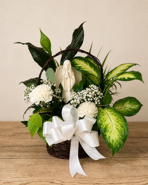 Garden of Angels - Garden of Angels combines a beautiful angel keepsake with lush green plants, fresh white carnations, baby’s breath in water tubes, and a classic white bow. Designed to offer comfort and lasting remembrance, this elegant sympathy basket is a meaningful gift for funerals, memorial services, or to let someone know they are in your thoughts and prayers.