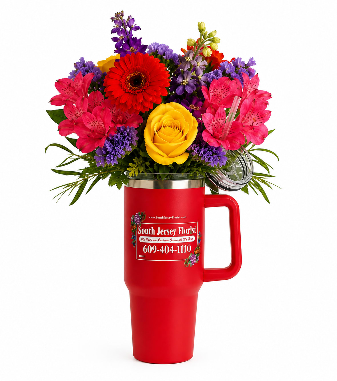 Bright mixed bouquet in a red handled tumbler with a clear lid