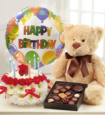 Birthday gift set with teddy bear, balloon, cake, and chocolates