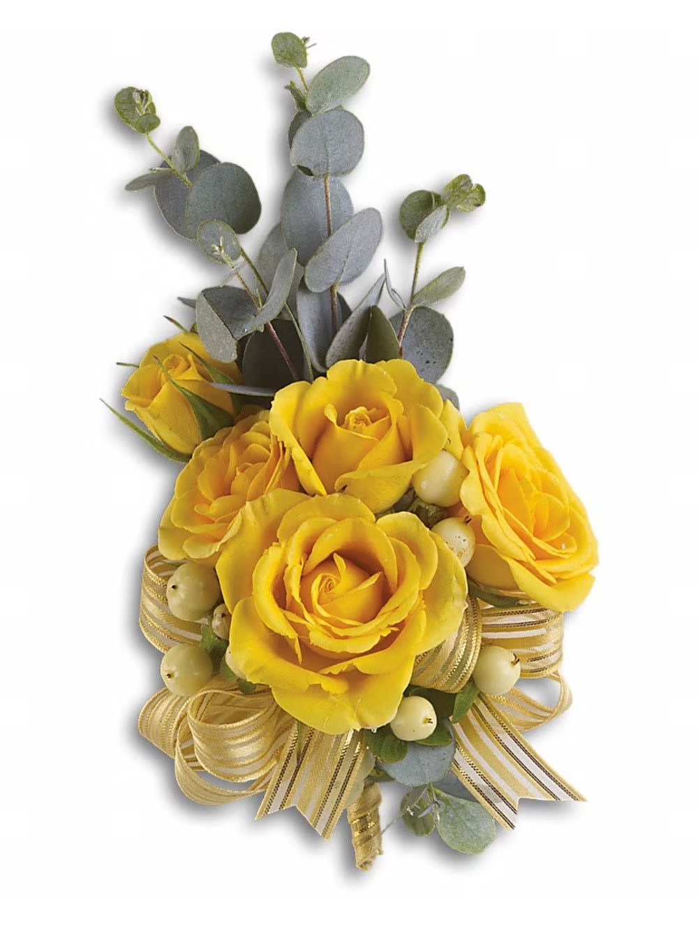 Yellow rose bouquet with eucalyptus and gold ribbon