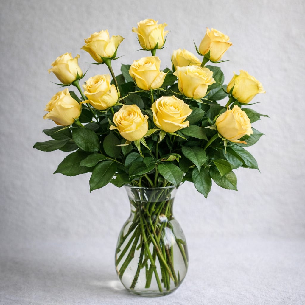 Yellow roses arranged in a clear glass vase