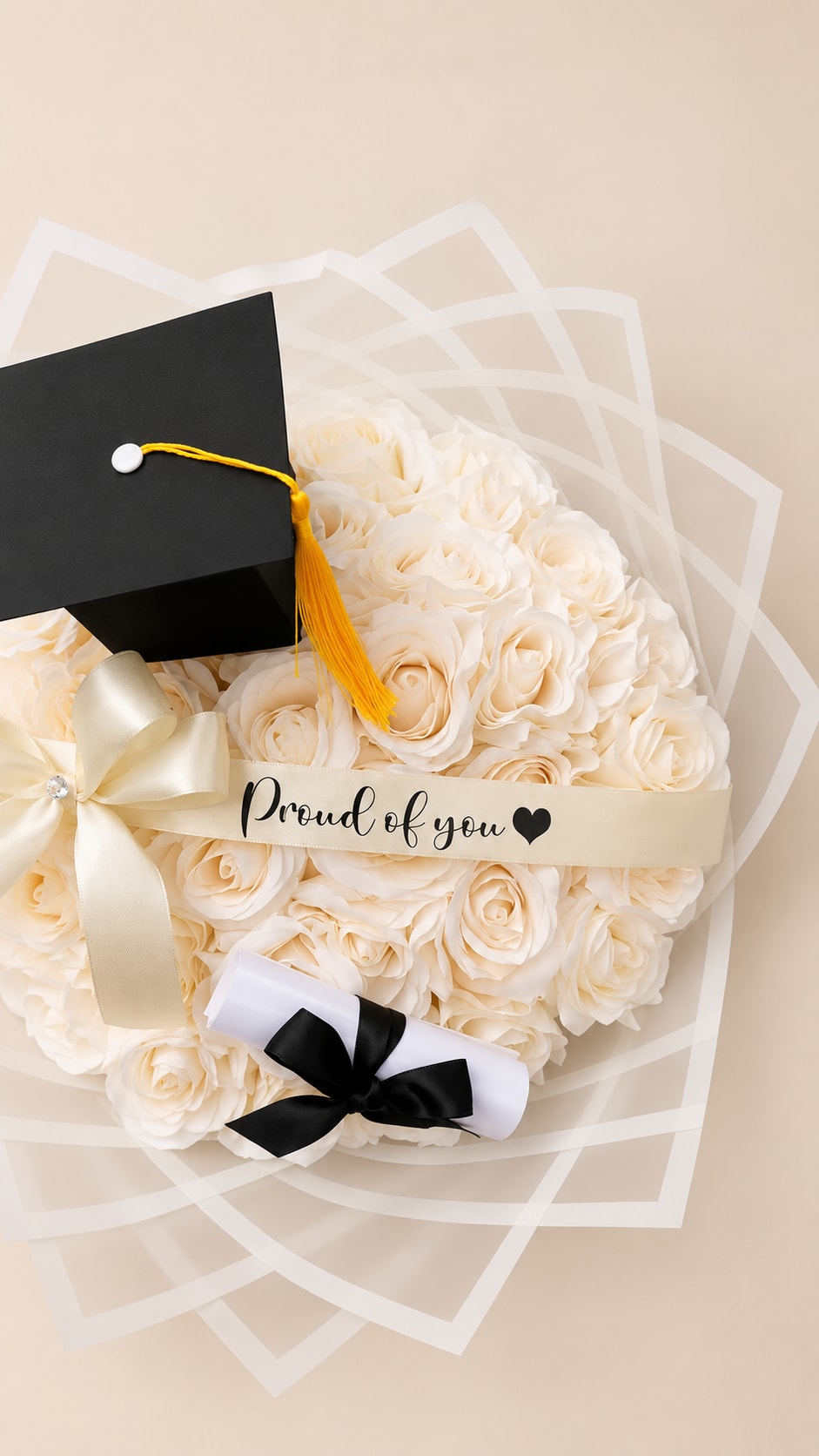 WHITE SUCCESS - Ivory roses arranged tight and low give WHITE SUCCESS an elegant, celebratory look that says "congratulations" at a glance - perfect as a graduation arrangement. The black graduation cap with a yellow tassel perched on top and the cream ribbon reading "Proud of you" make the occasion unmistakable, while soft cream and pale pink tones keep the presentation refined and heartfelt for the graduate you're honoring. 