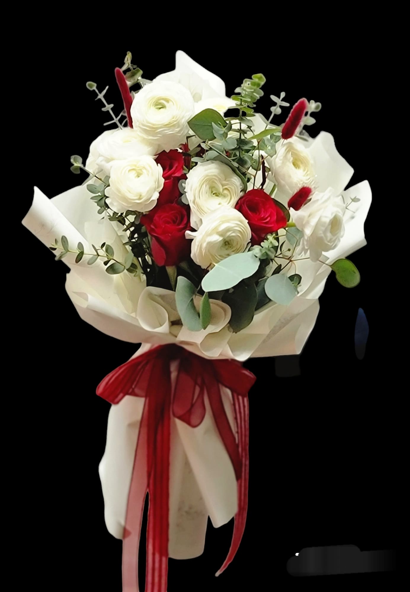 Bouquet of red and white roses wrapped in cream paper with a red ribbon