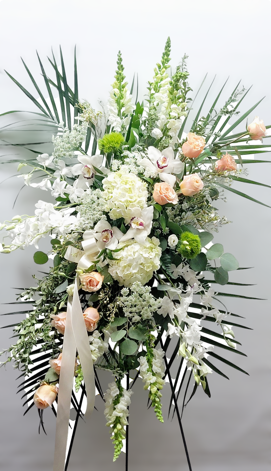 Peach and white - Snap. Peach roses. Hydreange.  Queen Anne lace.  White dendrobium 