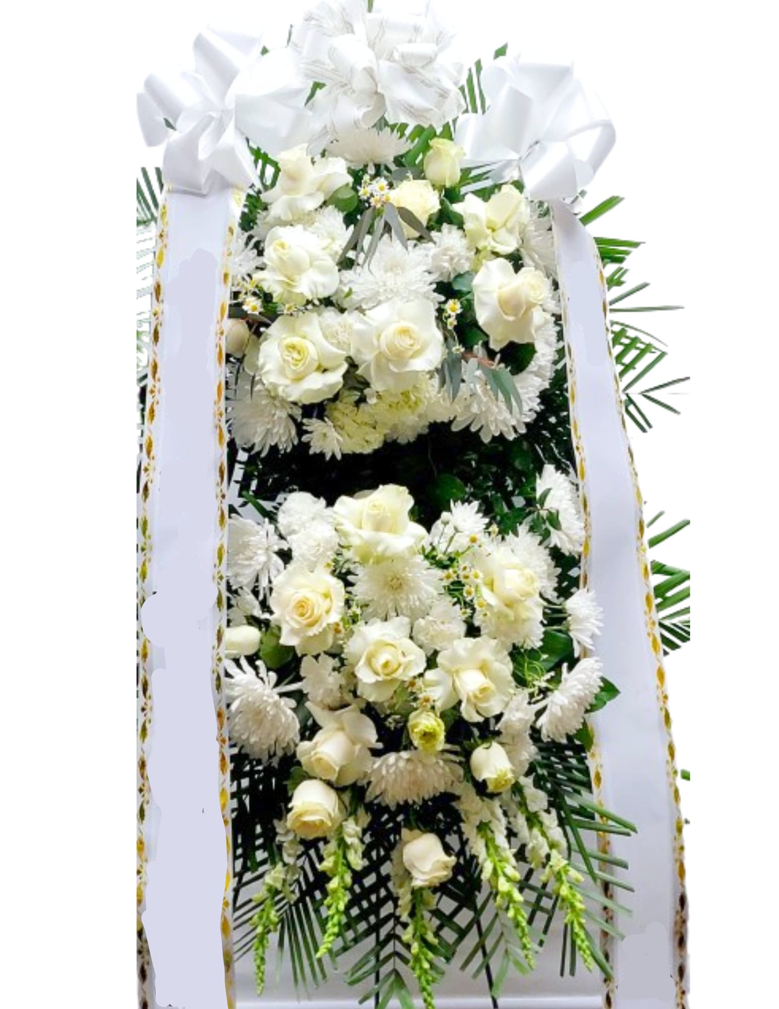 White 2-tier standing spray - This standing two-tiered wreath is for funeral services and features all-white flowers to bring the deceased together for the last time. If you would like flowers in a different color, please use Florist Choice or contact the shop.