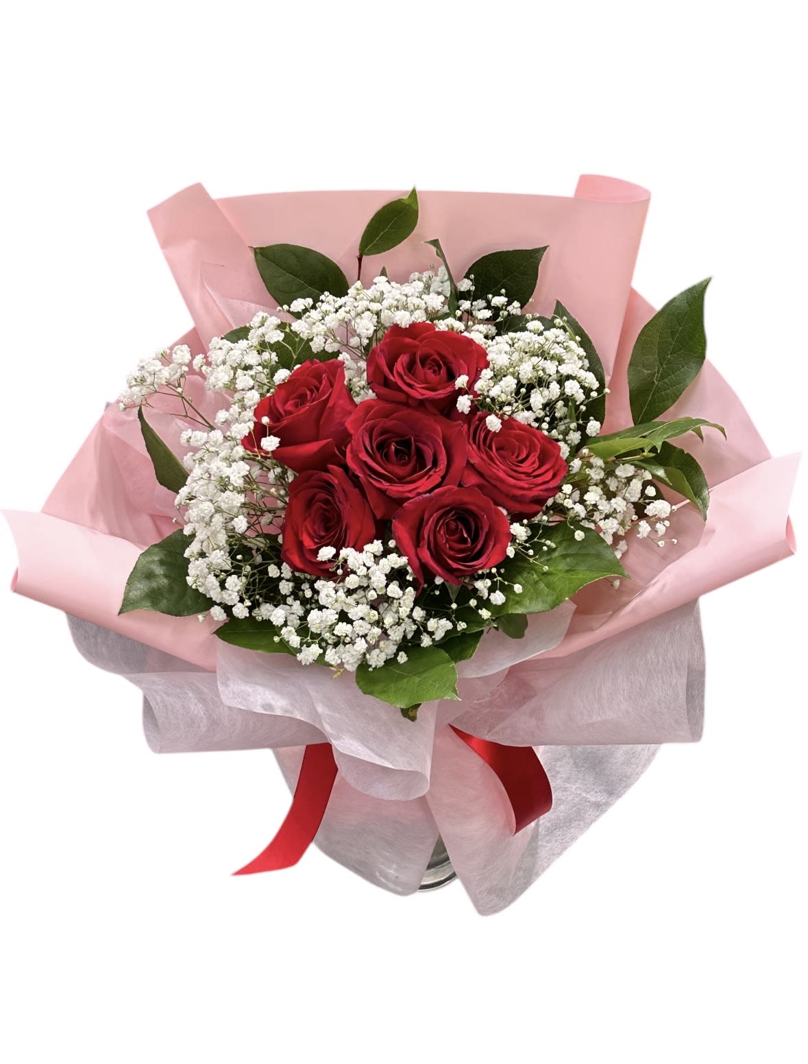 Bouquet of red roses with white baby's breath in pink wrap