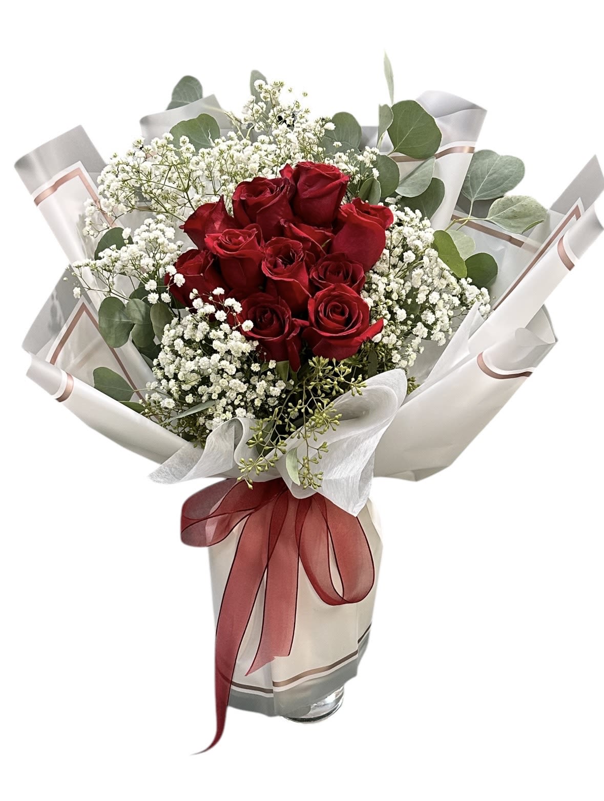 Bouquet of red roses with white baby's breath and eucalyptus in wrapping